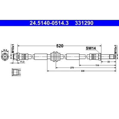Bilde av ATE 24.5140 0514.3 Bremseslange 520 M10x1 VOLKSWAGEN: Transporter 5, 5 Bus, Multivan (7HM, FORD: FOCUS 3, C Max 2