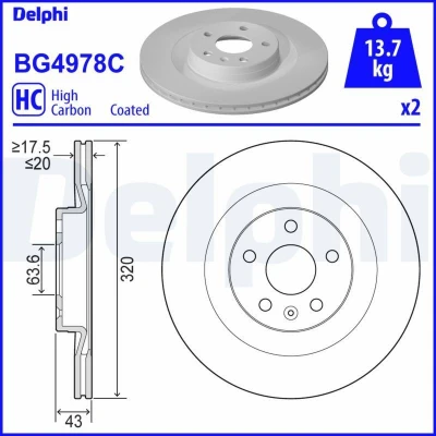 Bilde av DELPHI BG4978C Bremseskiver 320 20 5 ventilert belagt høy karbon uten hjullager, ABS sensorring VOLVO: XC90 II, V90 II Stasjonsvogn, XC60