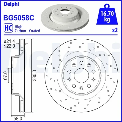 Bilde av DELPHI Bremseskive MASERATI: Levante SUV 330mm 22mm 5 ventilert, hullet BG5058C Bremseskiver, Skivebremser