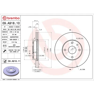 Bilde av BREMBO COATED DISC LINE 09.A918.11 Bremseskiver 278 24 4 innvendig ventilert belagt med skruer CHEVROLET: Epica Sedan