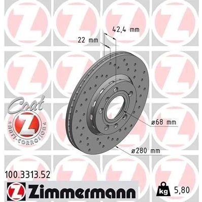 Bilde av ZIMMERMANN SPORT COAT Z 100.3313.52 Bremseskiver 280 22 7/5 5 112 utvendig ventilert, hullet belagt høy karbon AUDI: A8 D3