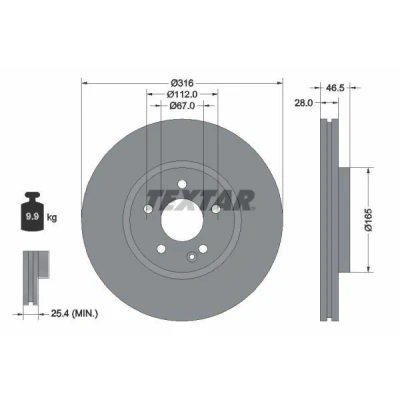 Bilde av TEXTAR 92073100 Bremseskiver 316 28 05/06 112 innvendig ventilert uten hjulfestebolt, hjulnav MERCEDES BENZ: E Klasse Sedan, T modell