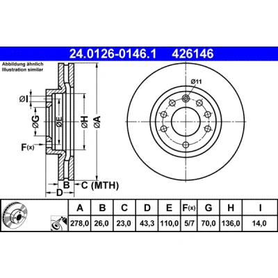 Bilde av ATE 24.0126 0146.1 Bremseskiver 278,0 26,0 5 110,0 ventilert belagt legert / høykull OPEL: Corsa D Hatchback