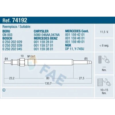 Bilde av FAE 74192 Glødeplugg 11,5V M 10x1 MERCEDES BENZ: E Klasse T modell, Sedan, Vito Mixto, JEEP: GRAND CHEROKEE 2