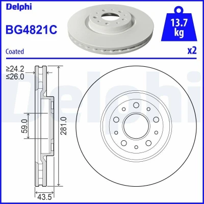 Bilde av DELPHI BG4821C Bremseskiver 281 26 5 ventilert belagt ubehandlet uten hjullager, ABS sensorring