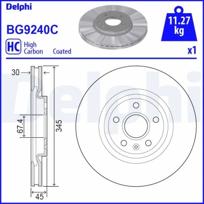Bilde av DELPHI BG9240C Bremseskiver 345 30 5 ventilert belagt høy karbon uten hjullager, ABS sensorring OPEL: Insignia B Sports Tourer