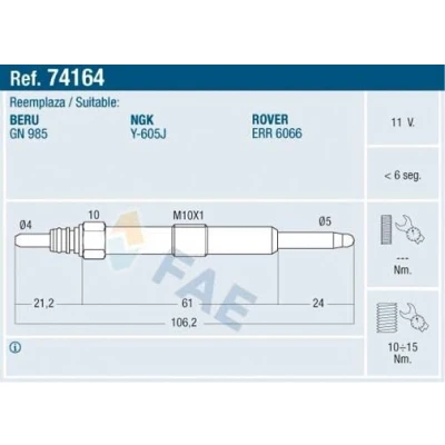 Bilde av FAE 74164 Glødeplugg 11V M10x100