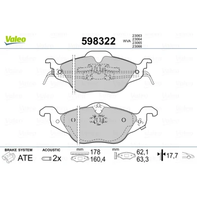 Bilde av VALEO 598322 Bremseklosser framaksel inkl. slitasjevarselkontakt uten antiskrike blikk OPEL: Zafira A, Astra G Caravan, CC, MAZDA: 323 F 6