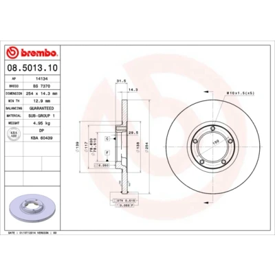 Bilde av BREMBO 08.5013.10 Bremseskiver 254 14,3 5 fullt ut FORD: Transit Mk3 Van