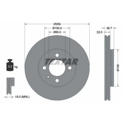 Bilde av TEXTAR PRO 92287003 Bremseskiver 256 22 04/05 100 utvendig ventilert belagt uten hjulfestebolt, hjulnav VOLKSWAGEN: up! Hatchback, SKODA: Citigo