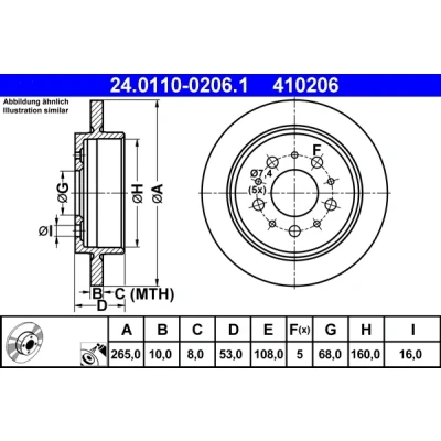 Bilde av ATE Bremseskive VOLVO: 940 II Stasjonsvogn, Sedan, I Stasjonsvogn 10,0mm 5 108,0mm fullt ut belagt 24.0110 0206.1 1359290 Bremseskiver