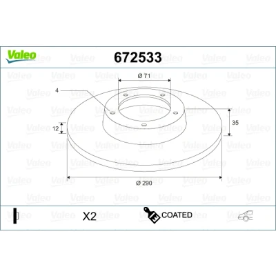 Bilde av VALEO 672533 Bremseskiver bakaksel 290 12 4 fullt ut belagt PEUGEOT: 3008 I, 308 I Hatchback, CITROËN: DS5 C4 II DS4 Hatchback
