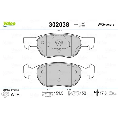 Bilde av VALEO 302038 Bremseklosser FIRST framaksel ekskl. slitasjevarselkontakt uten antiskrike blikk FIAT: Punto II Hatchback