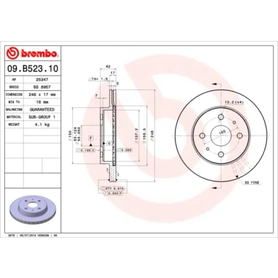 Bilde av BREMBO 09.B523.10 Bremseskiver 246 17 4 innvendig ventilert DAIHATSU: Sirion II, SUBARU: JUSTY