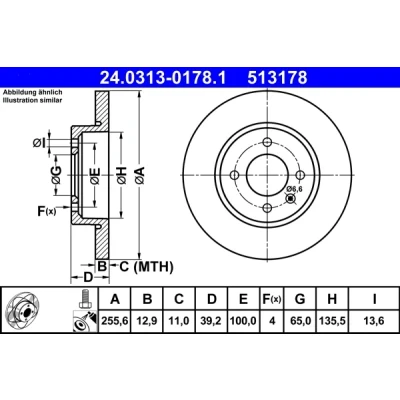 Bilde av ATE PowerDisc 24.0313 0178.1 Bremseskiver 255,6 12,9 4 100,0 fullt ut belagt med skruer VOLKSWAGEN: Golf 3, Cabrio, Caddy 2 Kastenwagen
