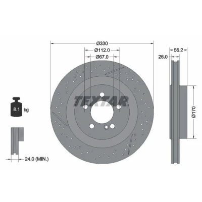 Bilde av TEXTAR 92151605 Bremseskiver 330 26 05/06 112 innvendig ventilert, hullet belagt høy karbon uten hjulfestebolt, hjulnav MERCEDES BENZ: SLK