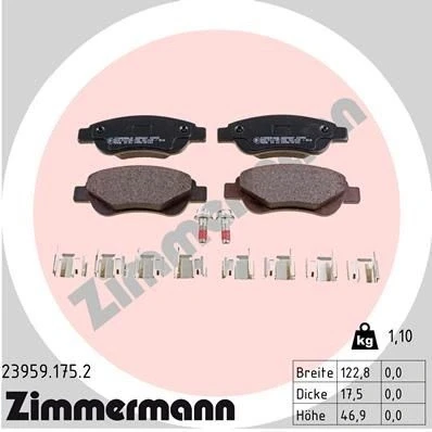 Bilde av ZIMMERMANN 23959.175.2 Bremseklosser med skruer Bildet viser leveranseinnholdet, fjær CITROËN: C1 I, II, TOYOTA: Aygo, PEUGEOT: 107 Hatchback