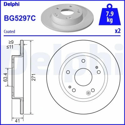 Bilde av DELPHI BG5297C Bremseskiver 271 11 5 fullt ut belagt ubehandlet uten hjullager, ABS sensorring FORD: Focus Mk4 Hatchback