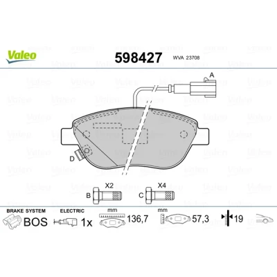 Bilde av VALEO 598427 Bremseklosser framaksel inkl. slitasjevarselkontakt med sikringsskruesett, antihyle blikk FIAT: Doblo II Varebil / Stasjonsvogn