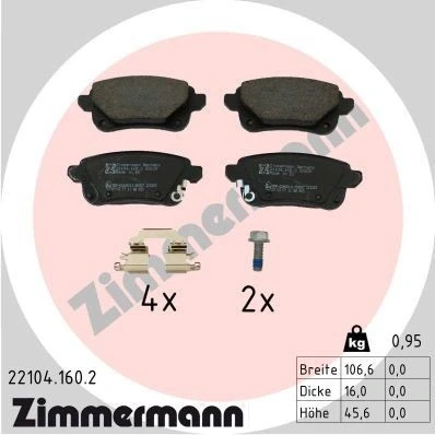 Bilde av ZIMMERMANN 22104.160.2 Bremseklosser med akustisk slitasjevarsel skruer Bildet viser leveranseinnholdet, glideplate RENAULT: Zoe