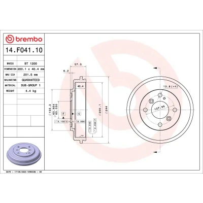 Bilde av BREMBO 14.F041.10 Bremsetrommel uten hjullagersett 200,1 FORD: FIESTA 6
