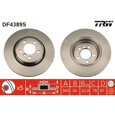 Bilde av TRW DF4389S Bremseskiver 345 24 5 120 ventilert spraylakkert BMW: 7