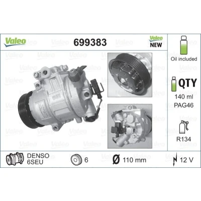 Bilde av VALEO NEW ORIGINAL PART 699383 Kompressor 6SEU12 12 PAG 46 R 134a med kompressorlje VOLKSWAGEN: Polo V Hatchback, IV Golf 4