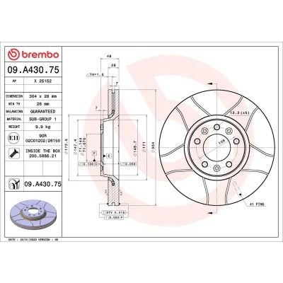 Bilde av BREMBO 09.A430.75 Bremseskiver 304 28 5 innvendig ventilert, med sliss belagt skruer CITROËN: C5 III Stasjonsvogn, 3, Jumpy II MPV