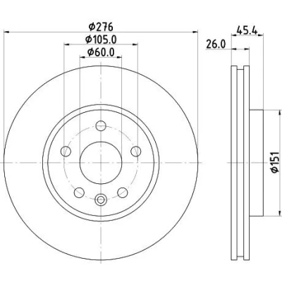 Bilde av HELLA PRO 8DD 355 122 841 Bremseskiver 276 26 05/06 105 innvendig ventilert belagt uten hjullager, hjulfestebolt, hjulnav OPEL: Ampera e