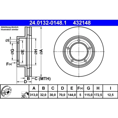 Bilde av ATE 24.0132 0148.1 Bremseskiver 313,0 32,0 5 144,0 ventilert belagt TOYOTA: Land Cruiser 100, Prado 70 SUV, Pick up