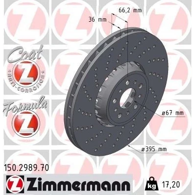 Bilde av ZIMMERMANN bremseskive BMW: X5, X3 395mm 36mm 10/5 5 hull 112mm ventilert, hullet, todelt 150.2989.70 Bremseskiver, Skivebremser