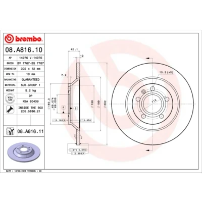 Bilde av BREMBO COATED DISC LINE 08.A816.11 Bremseskiver 302 12 5 fullt ut belagt med skruer AUDI: A6 C6 Allroad