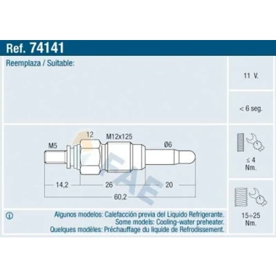 Bilde av FAE 74141 Glødeplugg 11V M12x125 VOLKSWAGEN: Transporter 4 Bus, 4, GOLF 3, AUDI: A4 B5 Avant, 100 C4 Sedan, B6 Avant