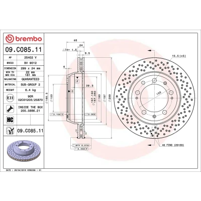 Bilde av BREMBO COATED DISC LINE 09.C085.11 Bremseskiver 299 24 5 perforert / ventilert belagt høy karbon med skruer PORSCHE: 911 Coupé