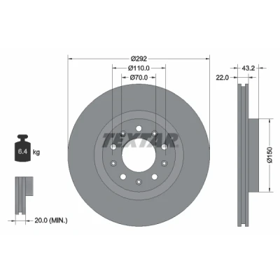 Bilde av TEXTAR PRO 92221103 Bremseskiver 292 22 05/10 110 innvendig ventilert belagt uten hjulfestebolt, hjulnav ALFA ROMEO: 159 Sportwagon, Giulia Sedan