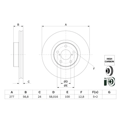 Bilde av BOSCH 0 986 479 E69 Bremseskiver 277 24 5 100 ventilert belagt høy karbon SUBARU: Impreza III Hatchback, Forester III, Legacy 4