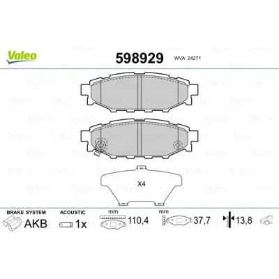 Bilde av VALEO 598929 Bremseklosser bakaksel inkl. slitasjevarselkontakt med antihyle blikk SUBARU: Forester III, Legacy 4, Impreza III Hatchback