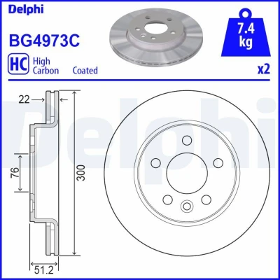 Bilde av DELPHI BG4973C Bremseskiver 300 22 5 ventilert belagt høy karbon uten hjullager, ABS sensorring VOLKSWAGEN: Amarok Pick up