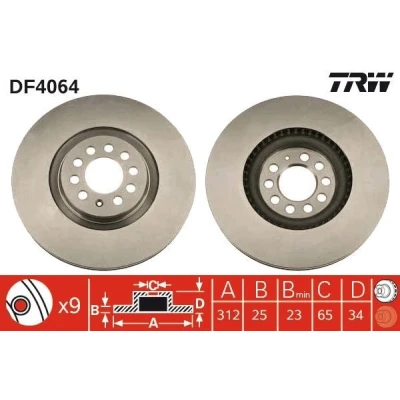 Bilde av TRW DF4064 Bremseskiver 312 25 9 100 ventilert spraylakkert høy karbon med skruer VOLKSWAGEN: Golf 5, 4, Polo IV Hatchback, AUDI: A3 Hatchback