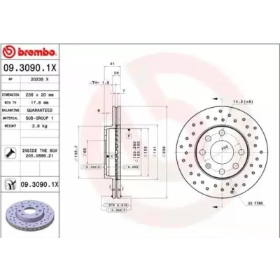Bilde av BREMBO XTRA LINE 09.3090.1X Bremseskiver 236 20 4 perforert / ventilert belagt med skruer DAEWOO: Lanos Sedan