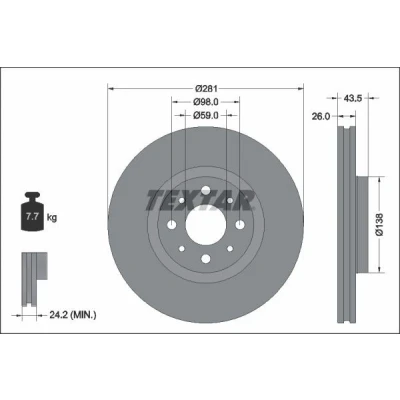 Bilde av TEXTAR 92344703 Bremseskiver 281 26 04/08 98 innvendig ventilert belagt uten hjulfestebolt, hjulnav FIAT: 500 Hatchback, 500e