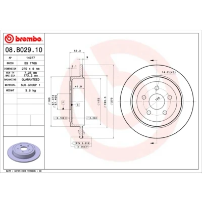 Bilde av BREMBO 08.B029.10 Bremseskiver 270 9 5 fullt ut CHRYSLER: PT Cruiser Stasjonsvogn, Stratus Cabrio