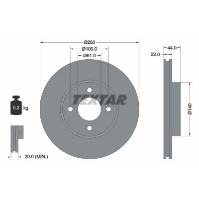 Bilde av TEXTAR PRO 92239903 Bremseskiver 260 22 04/04 100 innvendig ventilert belagt uten hjulfestebolt, hjulnav NISSAN: Note II Hatchback, MICRA 4