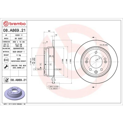 Bilde av BREMBO 08.A869.21 Bremseskiver 262 10 5 fullt ut belagt med skruer KIA: Optima / K5, K5 Sedan