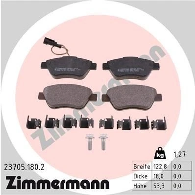 Bilde av ZIMMERMANN 23705.180.2 Bremseklosser inkl. slitasjevarselkontakt med skruer Bildet viser leveranseinnholdet, glideplate FIAT: 500 Hatchback