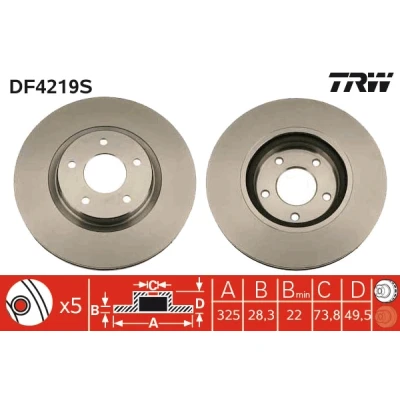 Bilde av TRW DF4219S Bremseskiver 325 28,3 5 109 ventilert spraylakkert JAGUAR: XJ Sedan, XK 8 Coupé