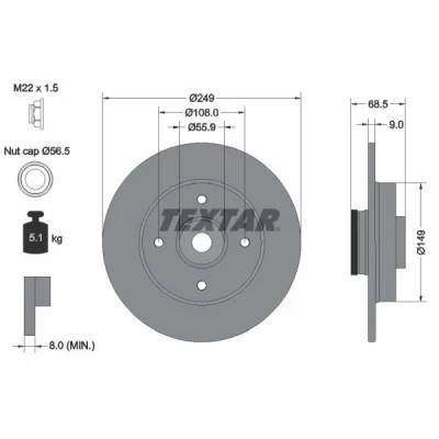 Bilde av TEXTAR PRO 92133303 Bremseskiver 249 9 04/04 108 fullt ut belagt med integrert magnetisk senorring, hjullager PEUGEOT: 307 SW, Hatchback