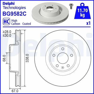 Bilde av DELPHI Bremseskive 338mm 30mm 5 ventilert belagt høy karbon BG9582C 4K0615301E Bremseskiver, Skivebremser