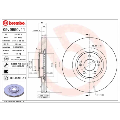 Bilde av BREMBO 09.D990.11 Bremseskiver 340 30 5 innvendig ventilert belagt høy karbon med skruer KIA: SORENTO 3