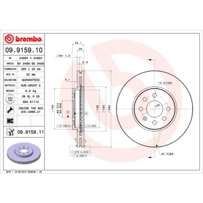 Bilde av BREMBO COATED DISC LINE 09.9159.11 Bremseskiver 280 25 4 innvendig ventilert belagt høy karbon med skruer OPEL: Combo C Varebil / Stasjonsvogn